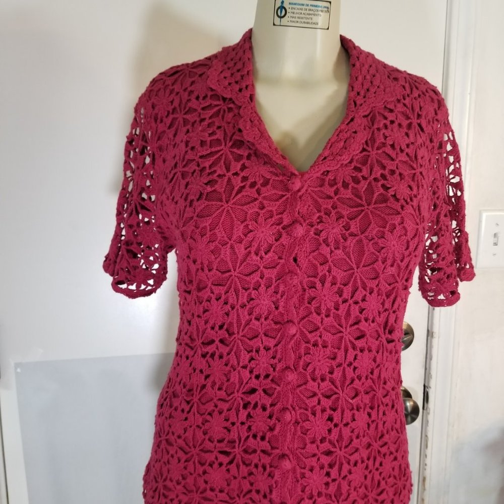Willow Ridge Crochet Knit Sweater Button Front Size Medium Burgandy
